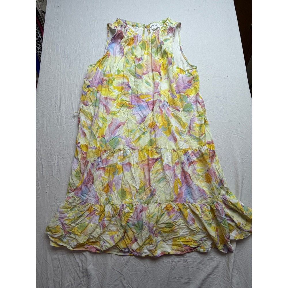 Bella Dahl Watercolor Floral Tiered Midi Dress Yellow Purple Sleeveless Large